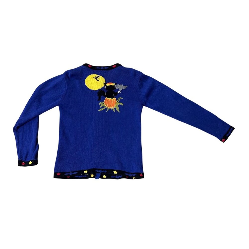 Vintage Quacker Factory Halloween Sweater Cardigan Med Black Cat Pumpkins Moon - Picture 3 of 8